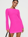 Detailed view of long sleeve off-shoulder dress in vibrant hot pink color with ruffles - S / Rose Red