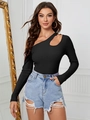 Detailed view of the black ribbed knit texture and asymmetric cutout shoulder design - S / Black