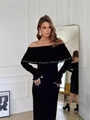 Elegantes schulterfreies schwarzes figurbetontes Kleid mit weißem Wellensaum - S / Schwarz