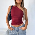 Detail view of burgundy ruched sleeveless top with elegant one-shoulder asymmetric design - S / Dark Red