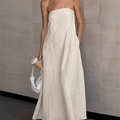Elegant oatmeal cotton linen strapless maxi dress with side pockets for summer vacation - S / Milky White