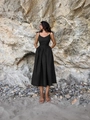 Abito lungo francese in cotone lino nero con scollo a V e tasche per vacanze estive - S / Grigio