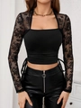 Top elegante con scollo quadrato e maniche lunghe in pizzo floreale con coulisse laterale - S / Nero