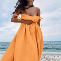 Abito a fascia arancione vivace in cotone e lino con maniche a fiocco per vacanze - S / Arancione