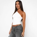 Detail of white one-shoulder slim fit tank top with pleated side and elastic fabric texture - S / White