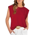 Detail view of dark red muscle tee showing shoulder pad structure and smooth fabric texture - Red