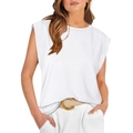 Detail view of white muscle tee featuring padded shoulders and premium knit fabric texture - White