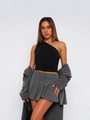 Women's chic black one-shoulder tank top with grey pleated mini skirt and blazer - S / Black