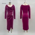 Detail of magenta velvet dress featuring draped neckline and side ruching with buckle - Dresses / S / Fuschia