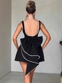 Elegant backless black A-line mini dress with oversized bow and white pearl trim details - S / Dresses / Black
