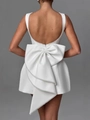 White backless mini dress with large pearl-trimmed bow and sleek A-line silhouette - S / Dresses / White