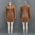 Detail of brown faux suede dress featuring front zipper collar and waist stitching - S / Dark Brown