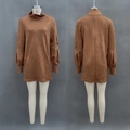 Front and back view of brown faux suede turtleneck dress with lantern sleeves - S / Caramel color
