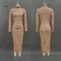 Detail of khaki long sleeve bodycon dress showing marble texture and high neck fit - XS / Dresses / Khaki