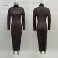 Detailed front and back views of a slim-fit dark brown marble print long sleeve midi dress - XS / Dresses / Coffee