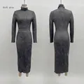 Detailed view of a dark gray slim-fit maxi dress featuring marble texture and high neck - XS / Dresses / Dark Gray