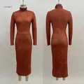 Detailed front and back view of caramel slim-fit turtleneck maxi dress with subtle texture - S / Dresses / Caramel color