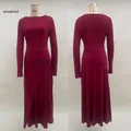 Detail of elegant wine red long sleeve dress featuring side knot ruching and high slit cut - S / Dresses / Burgundy