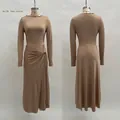 Detailed front and back view of long sleeve wrap dress in milk tea color with side slit - Milk Tea