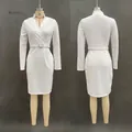 Detail view of white long sleeve dress with waist belt and elegant slim fit cut - S / Top And Bottom / With Belt / White