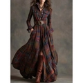 Maxi-Hemdkleid im Vintage-Karo-Muster mit langen Ärmeln und braunem Ledergürtel - S / Rotes Karo