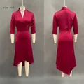 Detailed front and back view of wine red satin V-neck dress with irregular hemline - S / Dresses / Burgundy