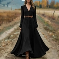 Elegant retro black maxi dress with V-neck, long sleeves and decorative waist belt - S / Black
