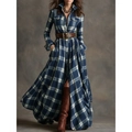 Blue and white plaid long sleeve maxi shirt dress with dark brown vintage leather belt - S / Blue Plaid