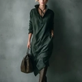 Vestido midi verde oscuro de antelina con manga larga y un diseño holgado elegante - S / Verde Oscuro