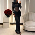 Vestito nero sexy a maniche lunghe in mesh con tagli in vita e gonna arricciata - S / Nero