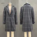 Front and back detail of mid-length grey plaid wool coat with lapel and buttons - S / Tops / Gray