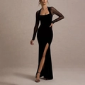 Elegant black velvet maxi dress featuring sheer mesh long sleeves and high side slit - S / Black