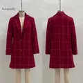 Front and back view of a burgundy plaid mid-length wool coat with lapel collar - S / Tops / Burgundy