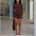 Slim fit dark coffee dress with ruching details and long sleeves with thumbholes - S / Dark Coffee (Multi-style wear)