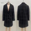Detailed front and back view of a black plaid lapel wool coat for women with cuff straps - S / Tops / Black