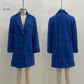 Detail of blue plaid wool coat featuring notch lapels and decorative cuff straps - S / Tops / Blue