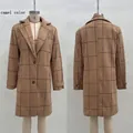 Detail of camel plaid long wool coat showing front and back views on a mannequin - S / Tops / Camel