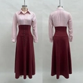 Detail of high-waist striped patchwork dress with buttoned burgundy suede texture skirt - S / Pink Striped Spliced Burgundy