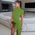 Grass green sleeveless slim fit dress with side ruching and irregular hem detail - Green