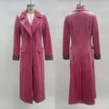 Detailed view of pink velvet long coat featuring notched lapels and leopard print cuffs - S / Tops / Pink