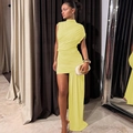 Pale yellow ruched bodycon sleeveless dress with asymmetric floor-length side train - Light Yellow