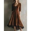 Abito lungo vintage in velluto rosso ruggine con scollo a V profondo e pizzo delicato - S / Marrone Scuro