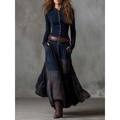 Vintage navy blue long-sleeve maxi dress with bohemian patchwork and brown leather belt - S / Navy Blue