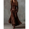 Dark brown retro long-sleeved dress set with patchwork high waist and suede texture - S / Dark Brown
