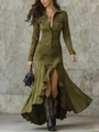 Deep olive green long sleeve dress with shirt collar, pleated waist and ruffled hemline - XS / Dresses / Olive Green