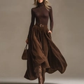 Women vintage brown corduroy maxi skirt set with slim fit turtleneck knit top - S / Coffee