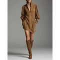 Braunes Mini-Wildlederkleid mit langen Laternenärmeln und halbem Reißverschluss-Stehkragen - S / Khaki