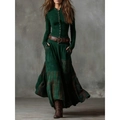 Vintage dark green long sleeve dress with plaid patchwork and wide brown leather belt - S / Green