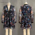 Detail of dark floral dress showing V-neck lace trim and chiffon sleeve texture - S / Dresses / Rainbow