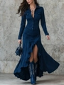 Detail of navy shirt dress with zippered lapel, pleated waist, and asymmetrical hemline - XS / Dresses / Blue